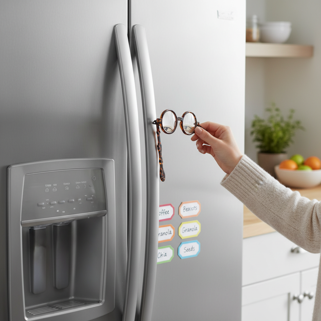 Mellow Monkey tortoiseshell round magnetic reading glasses attached to a stainless steel refrigerator handle