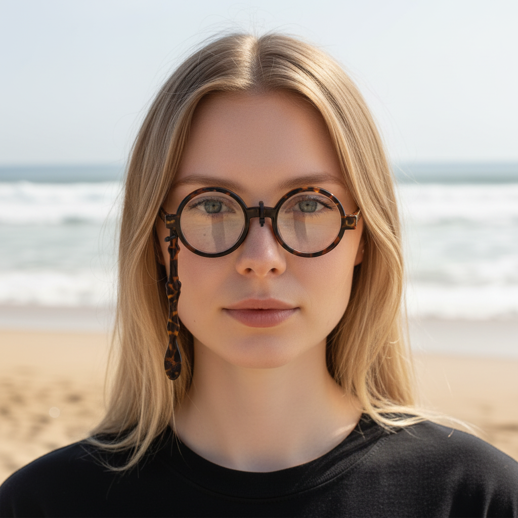 Mellow Monkey round tortoiseshell magnetic reading glasses worn by a woman on a sunny beach.