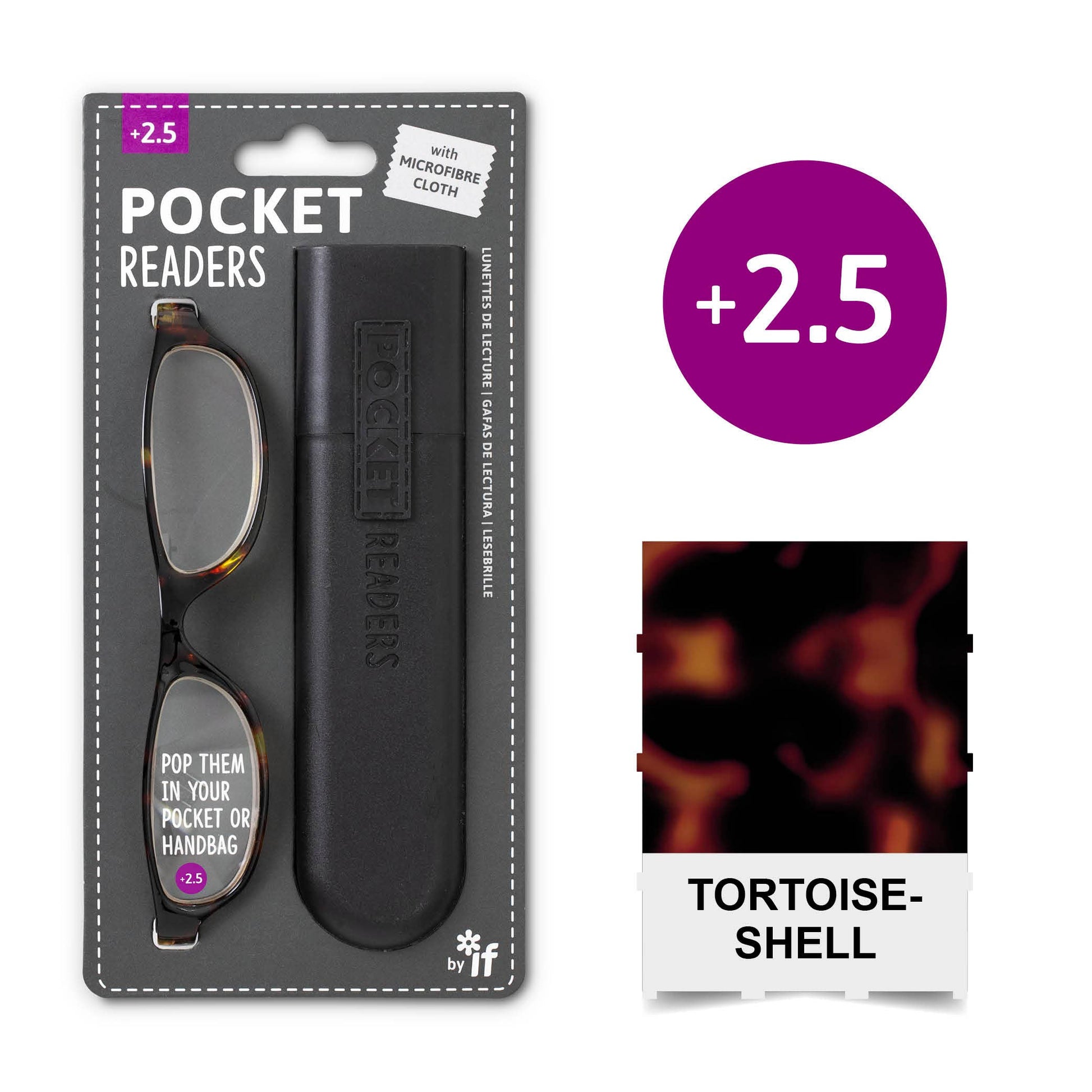 Mellow Monkey tortoiseshell pocket reading glasses with protective case and microfibre cloth, 2.5 magnification.