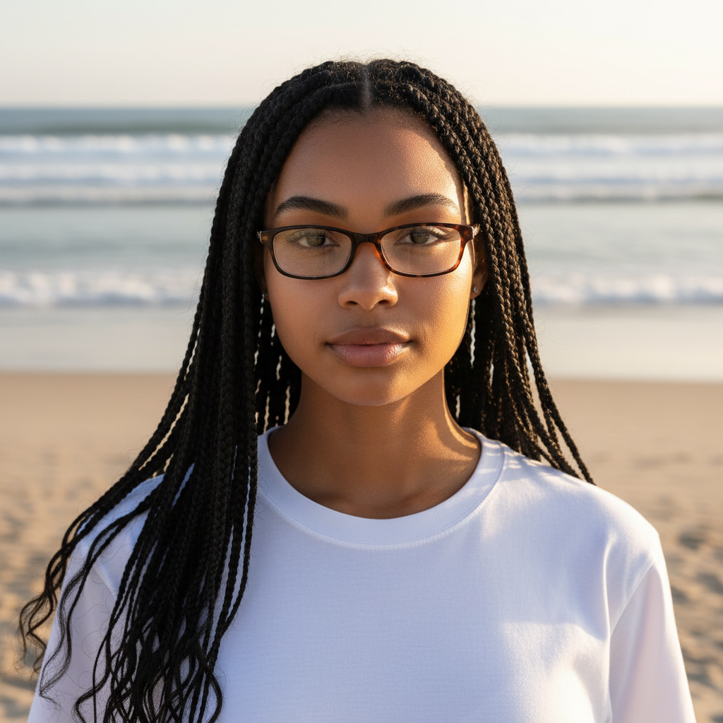 A woman wearing Mellow Monkey tortoiseshell pocket reading glasses on a beach at sunset.