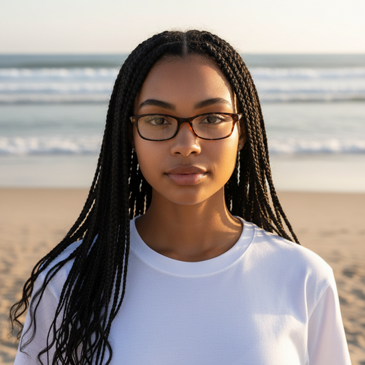 A woman wearing Mellow Monkey tortoiseshell pocket reading glasses on a beach at sunset.