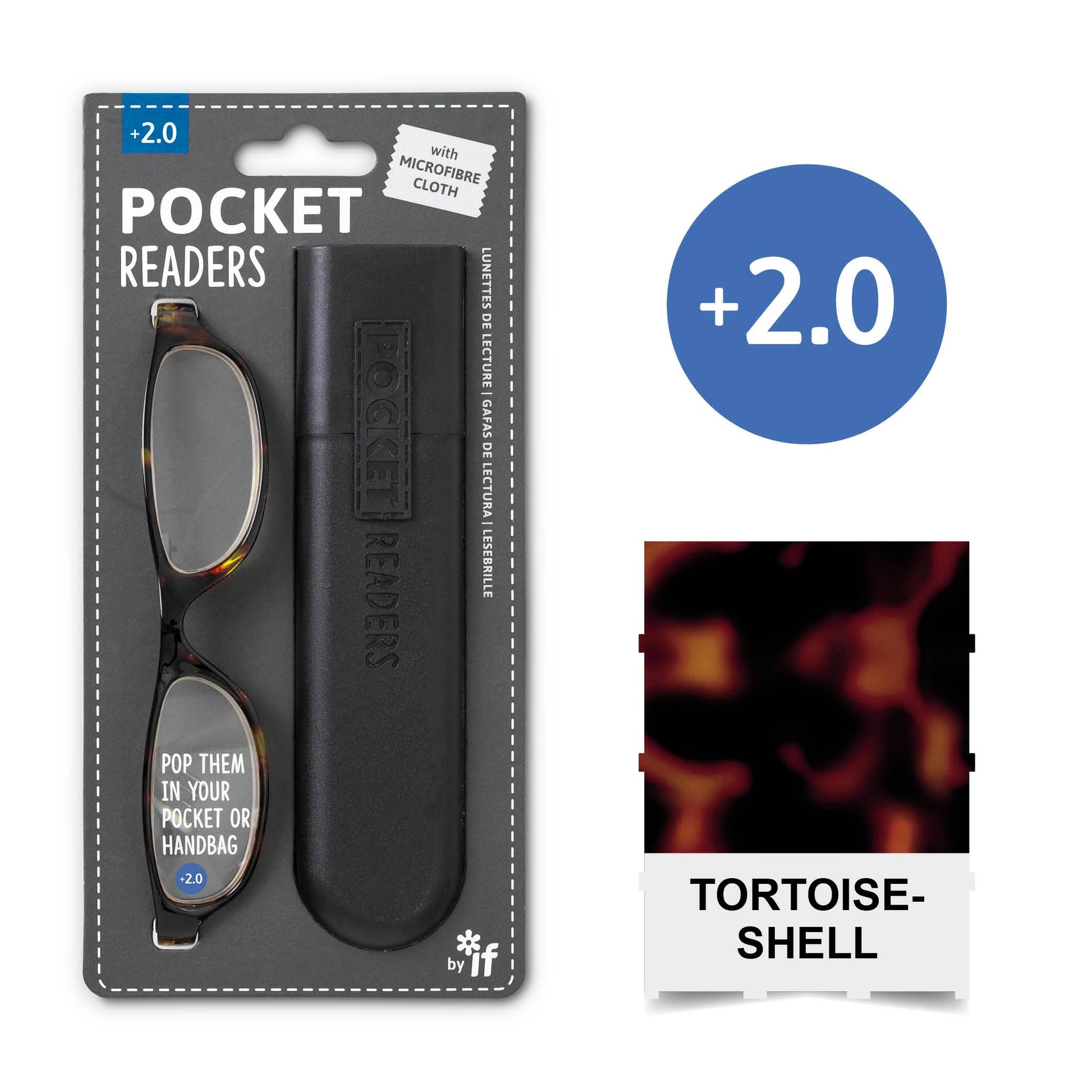 Mellow Monkey tortoiseshell pocket reading glasses with a protective case and microfiber cloth in retail packaging.