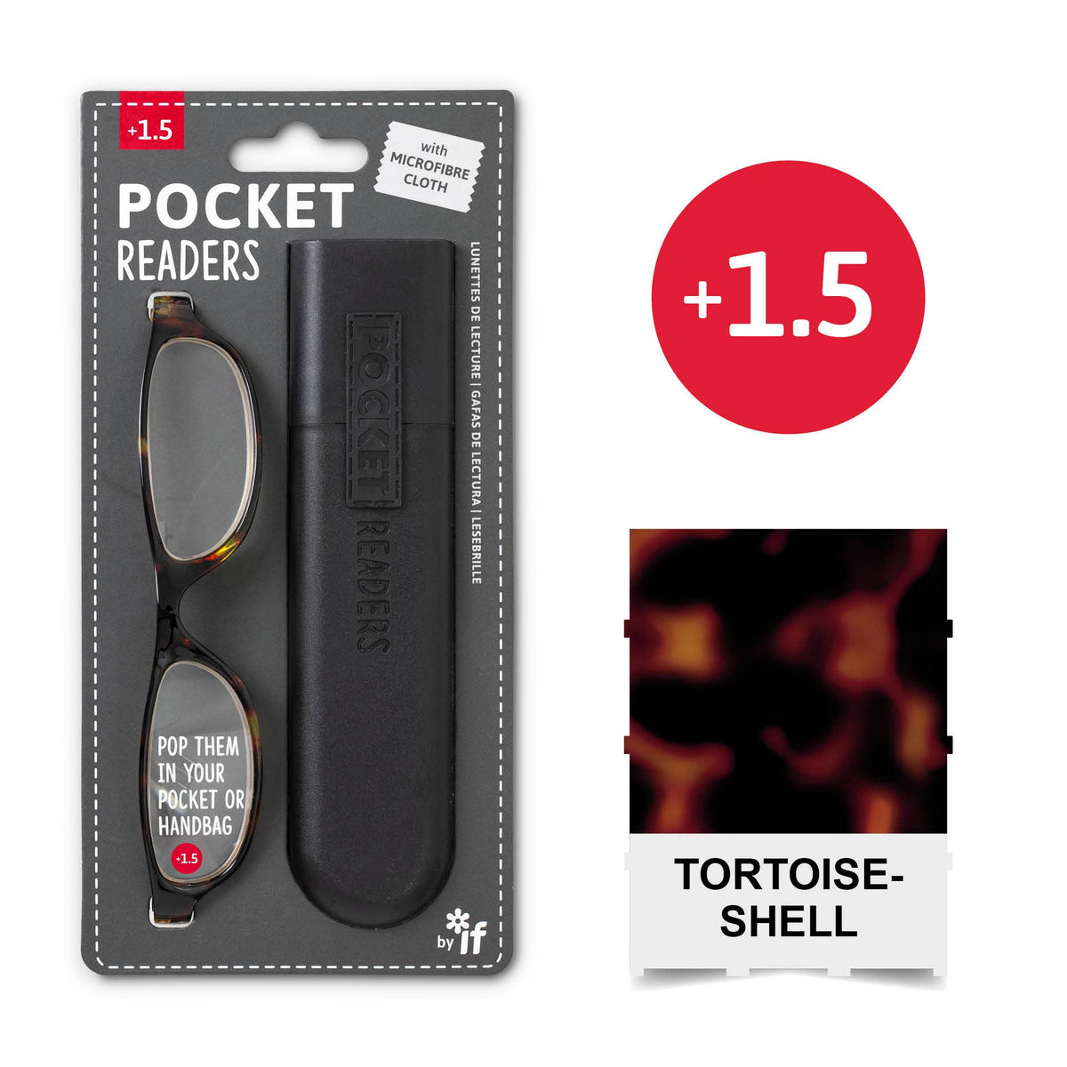 Mellow Monkey Pocket Readers in tortoiseshell with a compact carrying case and microfiber cloth for reading