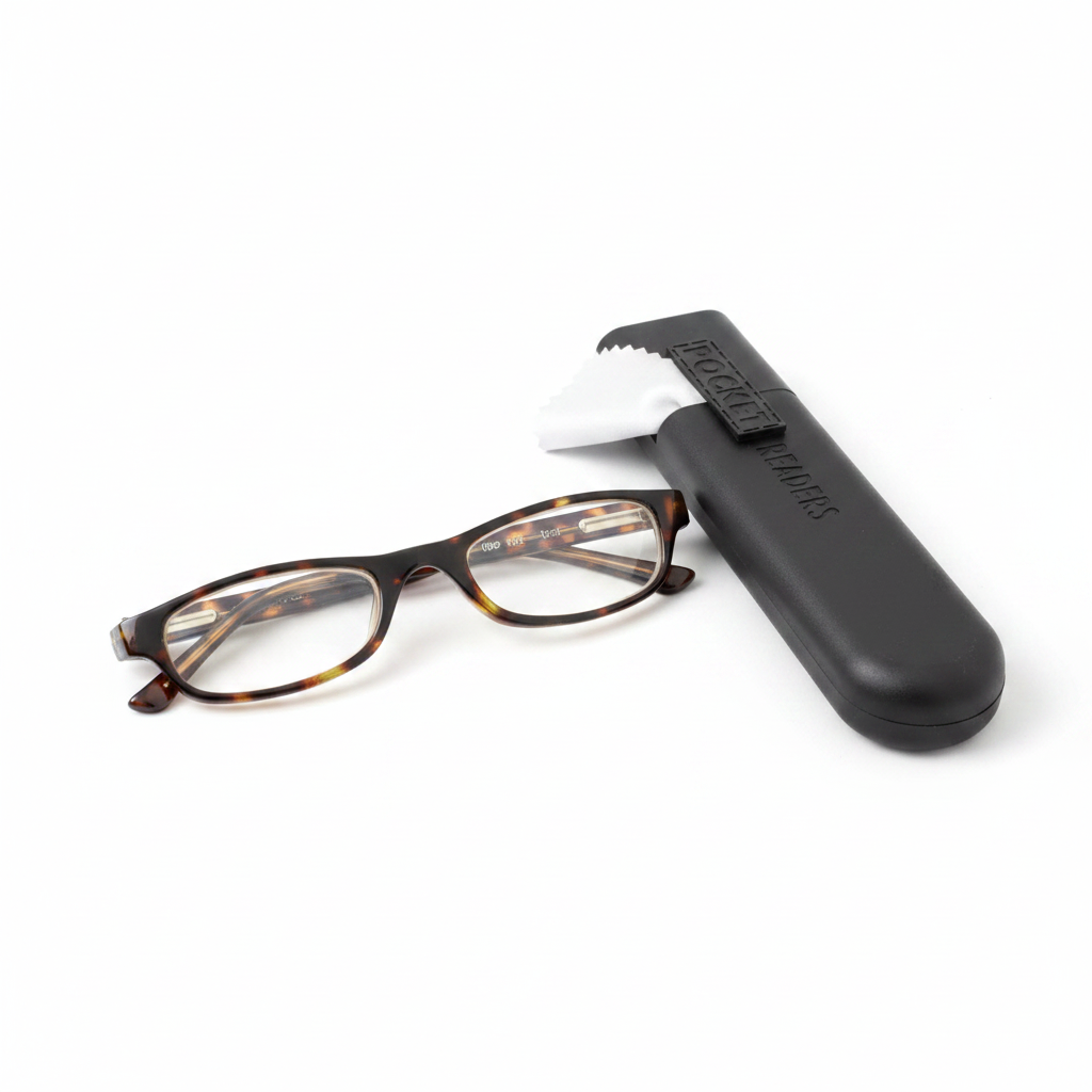 Mellow Monkey tortoiseshell pocket reading glasses with a black protective case and cleaning cloth on white background