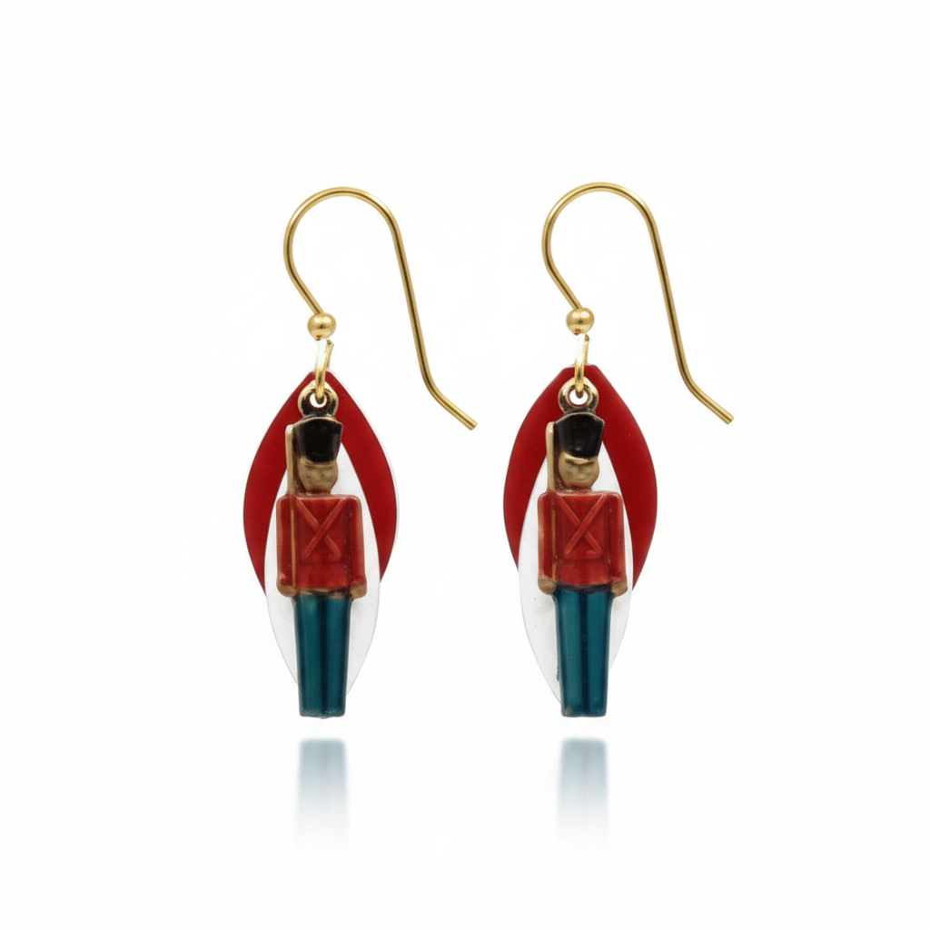 Mellow Monkey handmade layered toy soldier earrings with red and blue details on surgical steel ear wires.