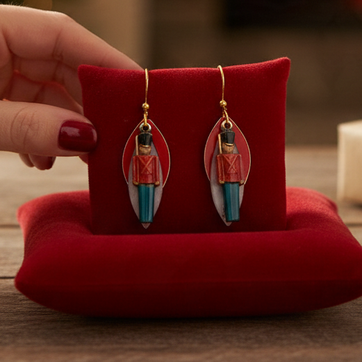 Mellow Monkey handmade layered toy soldier earrings with surgical steel wires displayed on a red velvet cushion.