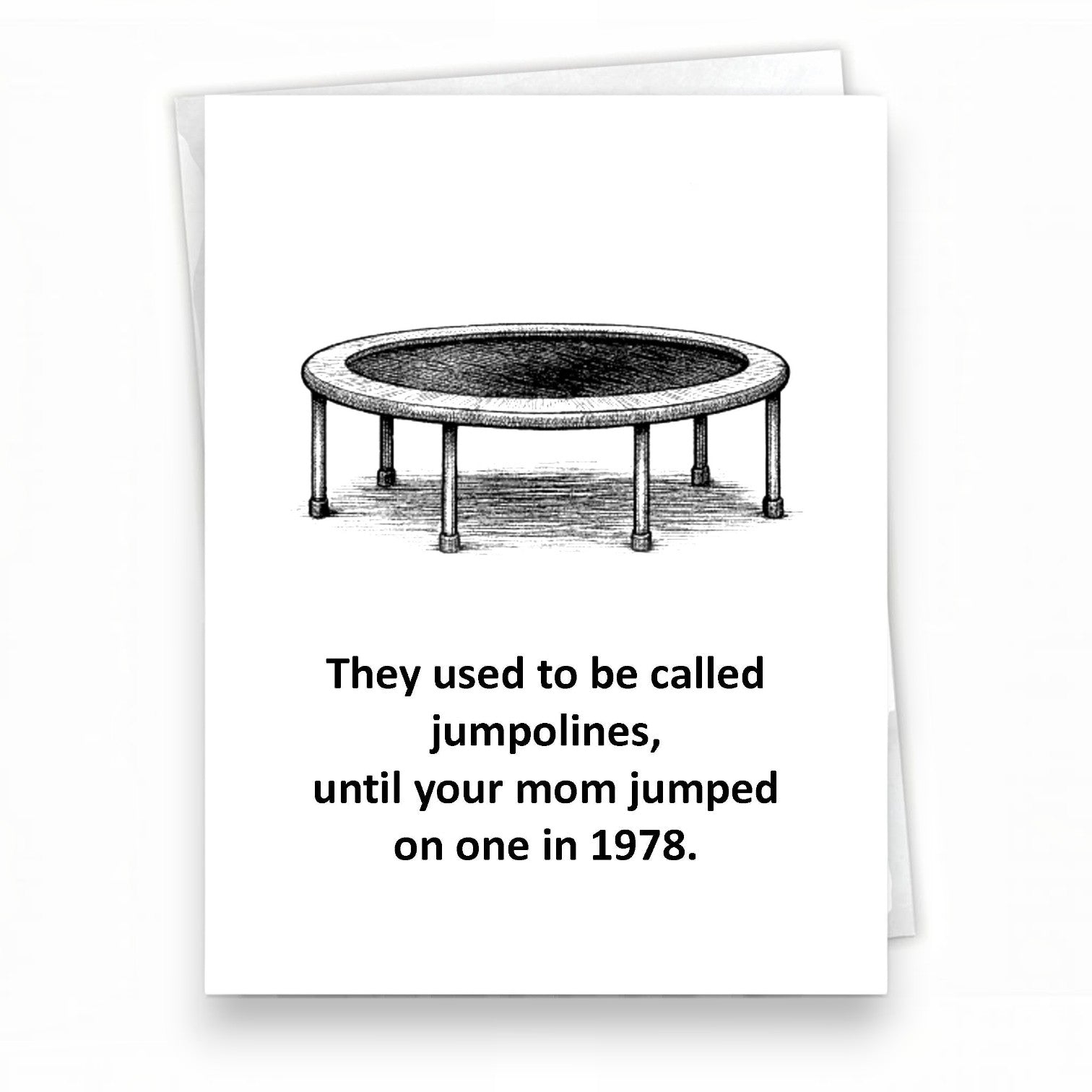 Mellow Monkey funny A2 greeting card featuring a trampoline illustration and a humorous joke about moms.