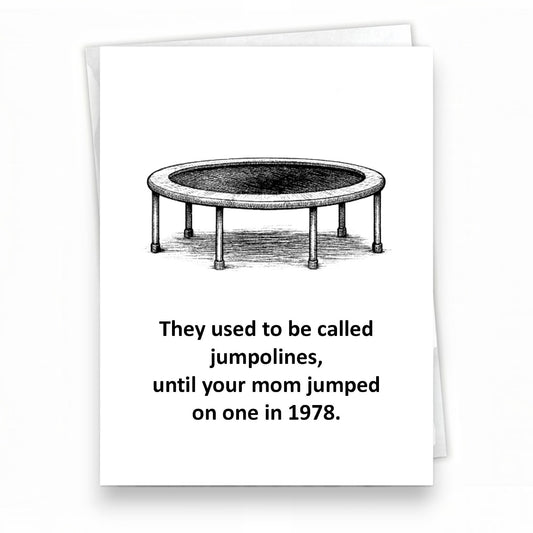 Mellow Monkey funny A2 greeting card featuring a trampoline illustration and a humorous joke about moms.