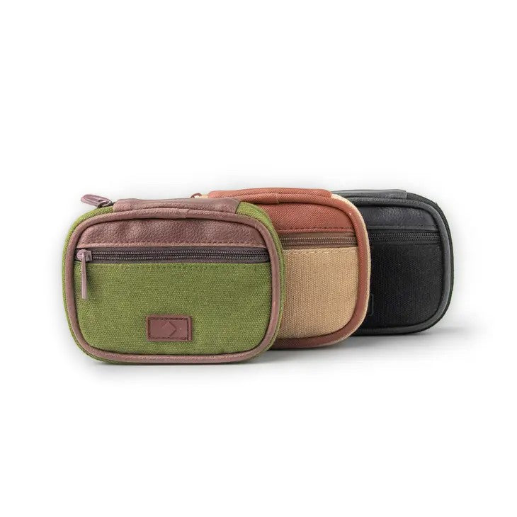 Mellow Monkey canvas travel pill and vitamin case with 8 compartments and exterior pocket. Available in green, beige, and black.