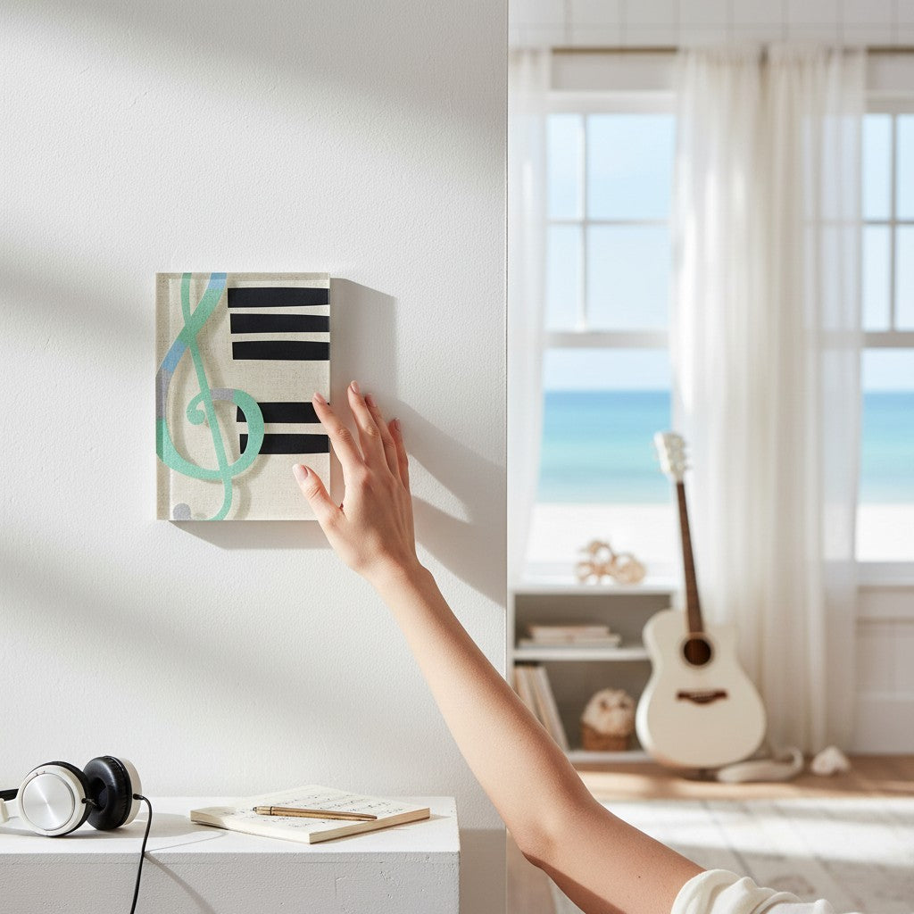 Mellow Monkey Together Tile Acrylic Wall Art, 5x7 inches, featuring a mint green treble clef over a cream background with black piano keys.