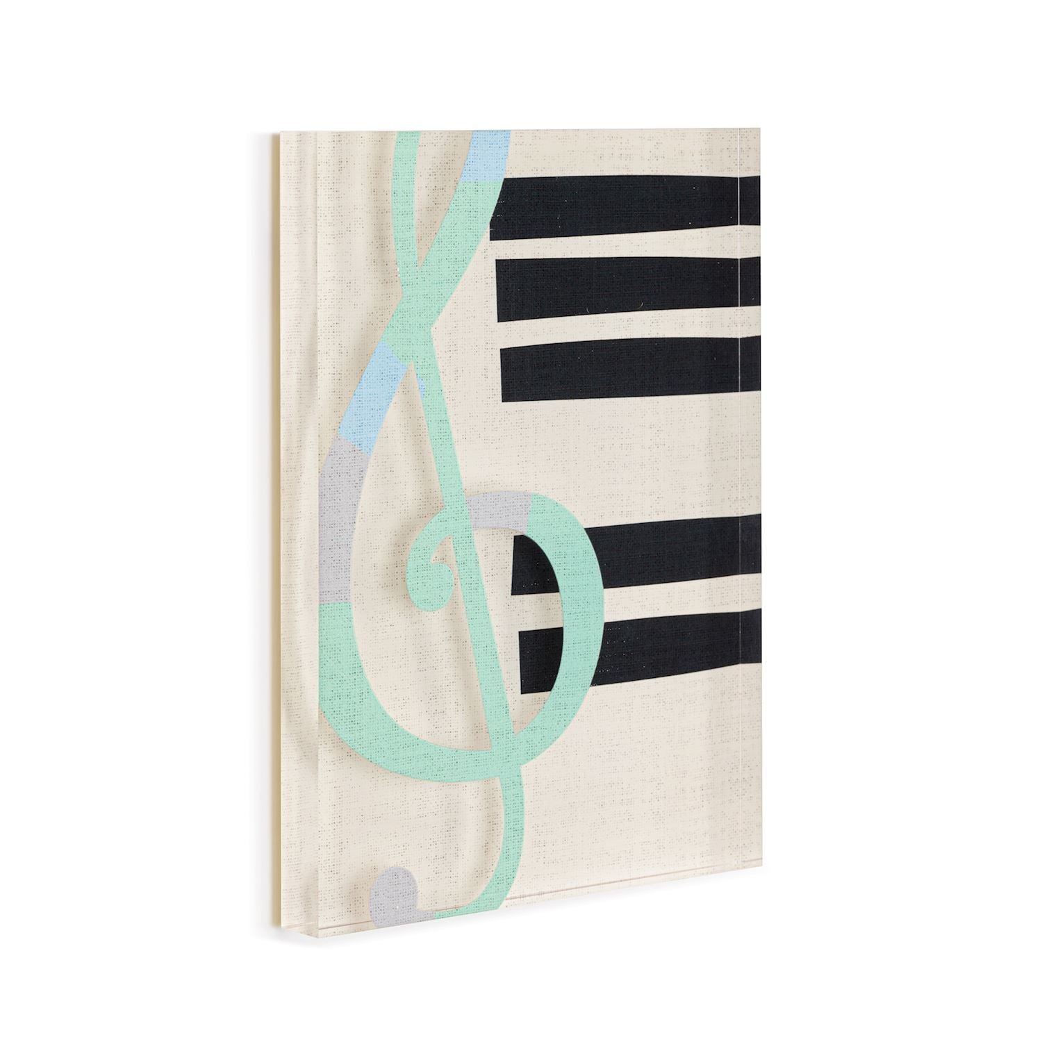 Mellow Monkey Together Tile Acrylic Wall Art, 5 x 7-in, features a treble clef over piano keys in pastel blue, mint green, and grey on a cream background.