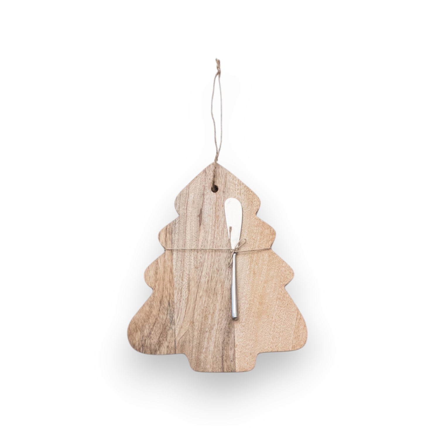 Mellow Monkey tree-shaped mango wood serving board with a matching canape knife tied with rustic jute twine.