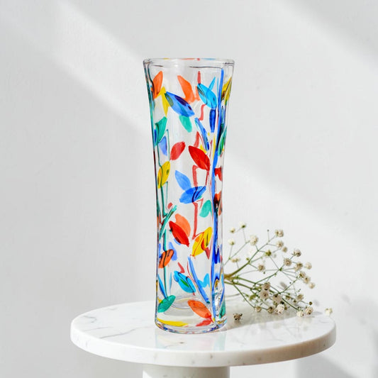 Mellow Monkey Tree of Life bud vase, 7-inch clear crystal hand-painted with colorful leaves and stems. Made in Italy.