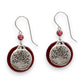 Mellow Monkey Silver Forest tree of life earrings with deep red circular accents and surgical steel ear wires.