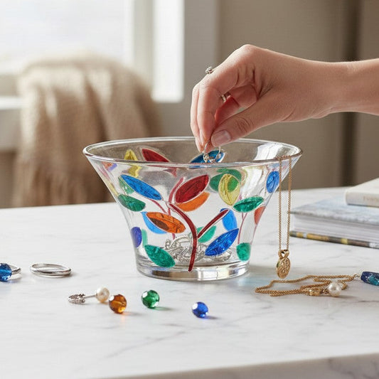 Mellow Monkey Tree of Life 5-inch hand-painted Venetian glass bowl with colorful leaves. Ideal for jewelry or gelato.