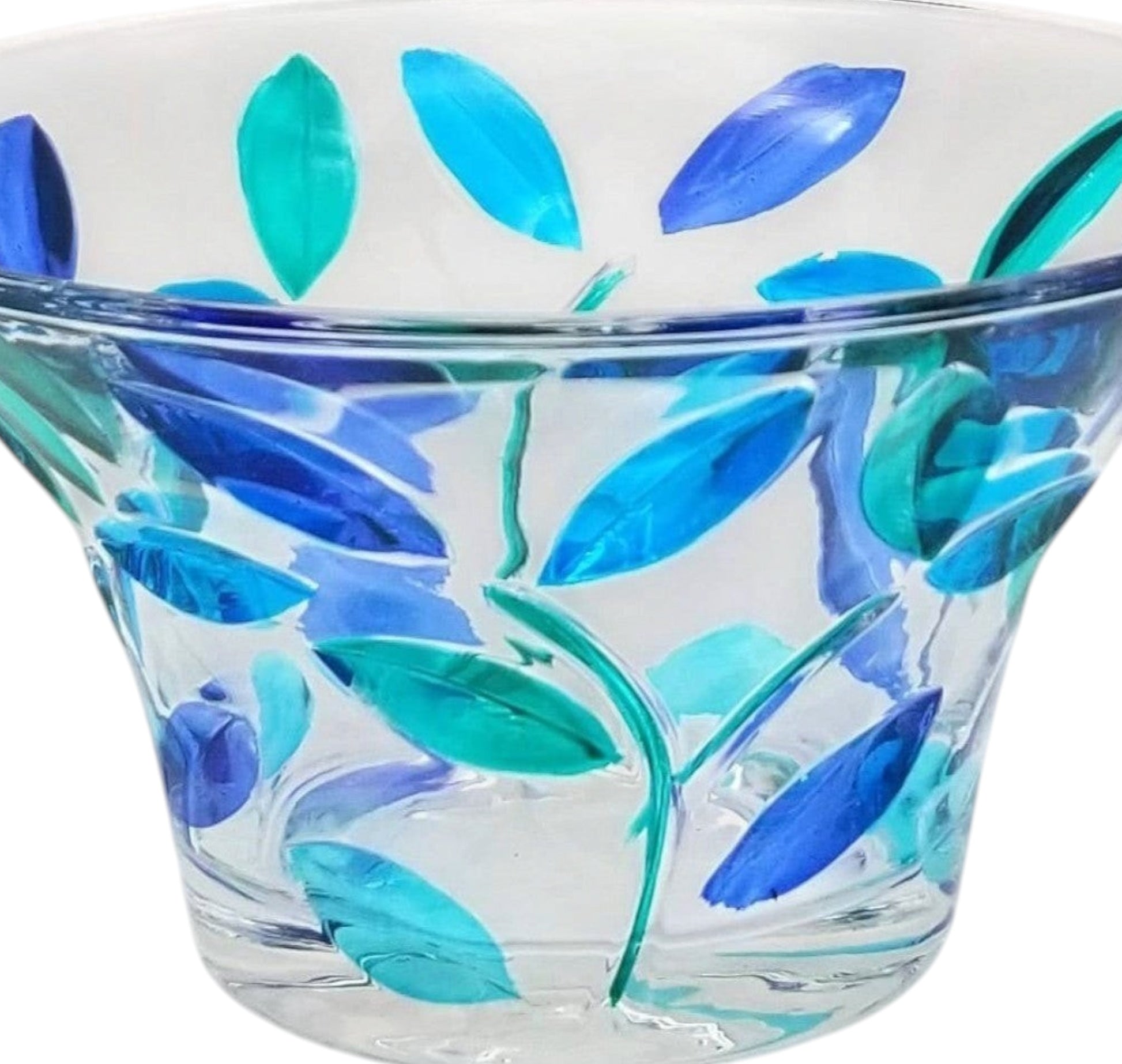Mellow Monkey Tree of Life Venetian glass bowl, 5-in, hand-painted with aqua and blue leaves.