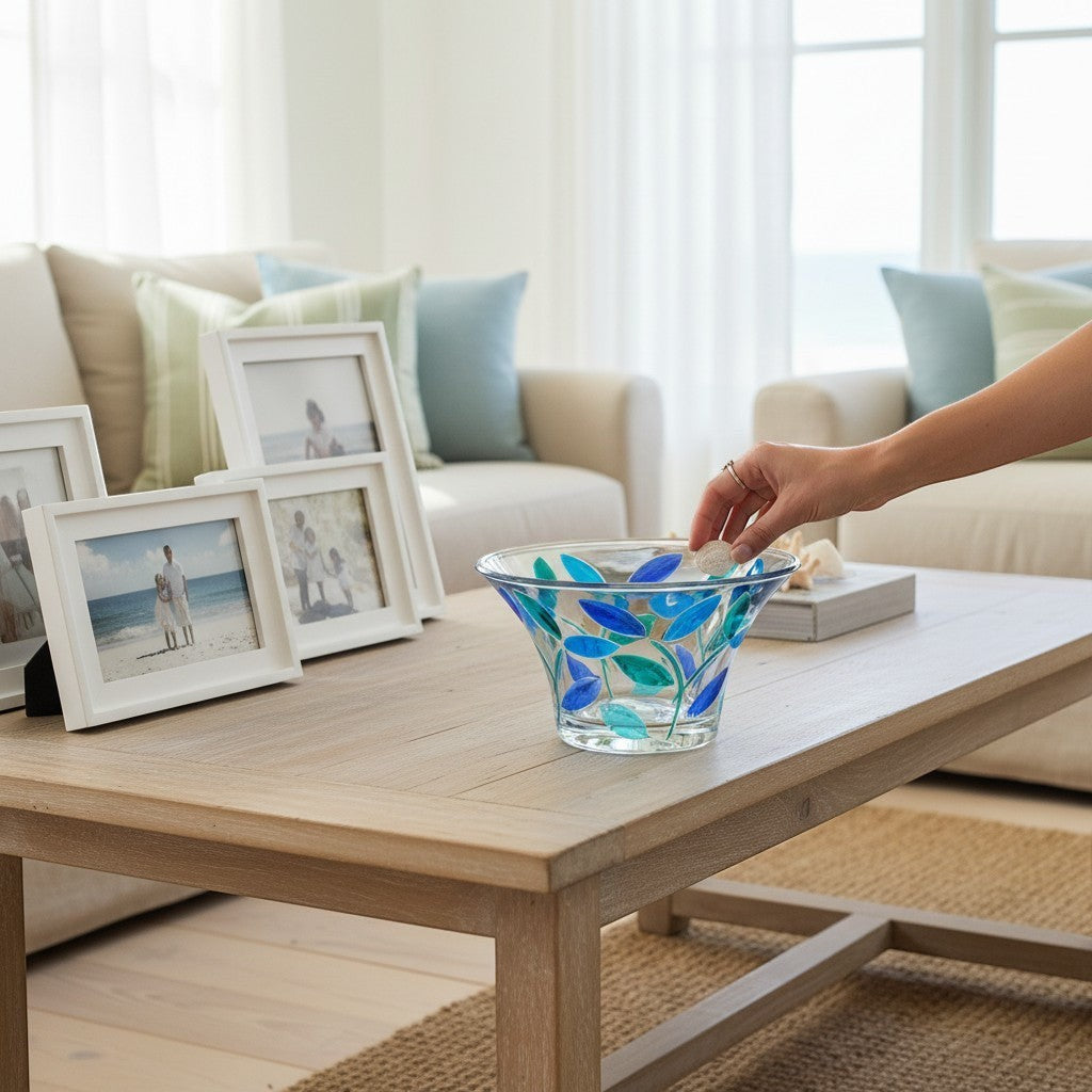 Mellow Monkey hand-painted Venetian glass bowl with aqua and blue Tree of Life design, 5-in diameter.