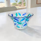 Mellow Monkey Tree of Life Venetian glass bowl in aqua, 5-in diameter, hand-painted with blue and green leaves.