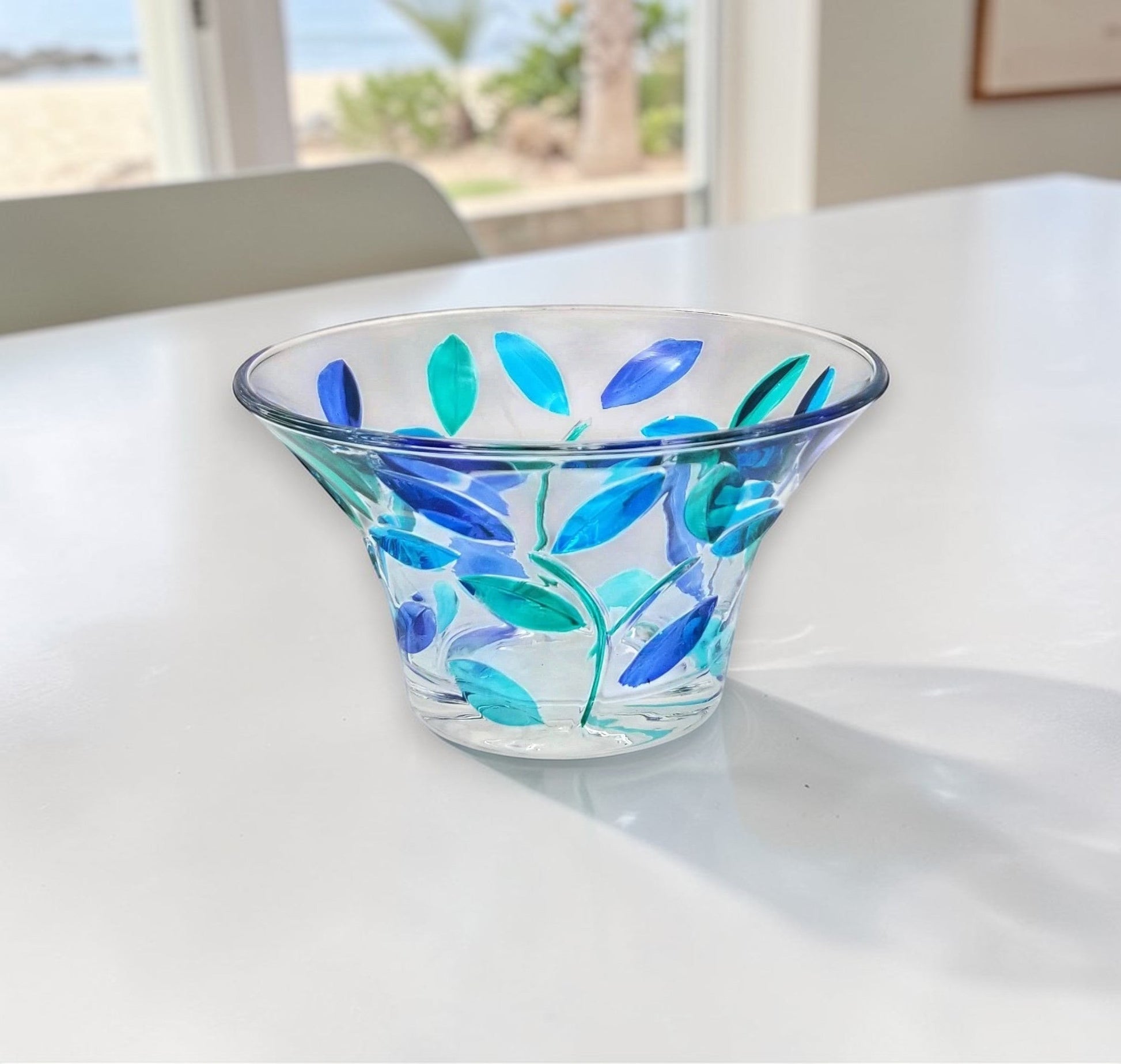 Mellow Monkey Tree of Life Venetian glass bowl in aqua, 5-in diameter, hand-painted with blue and green leaves.