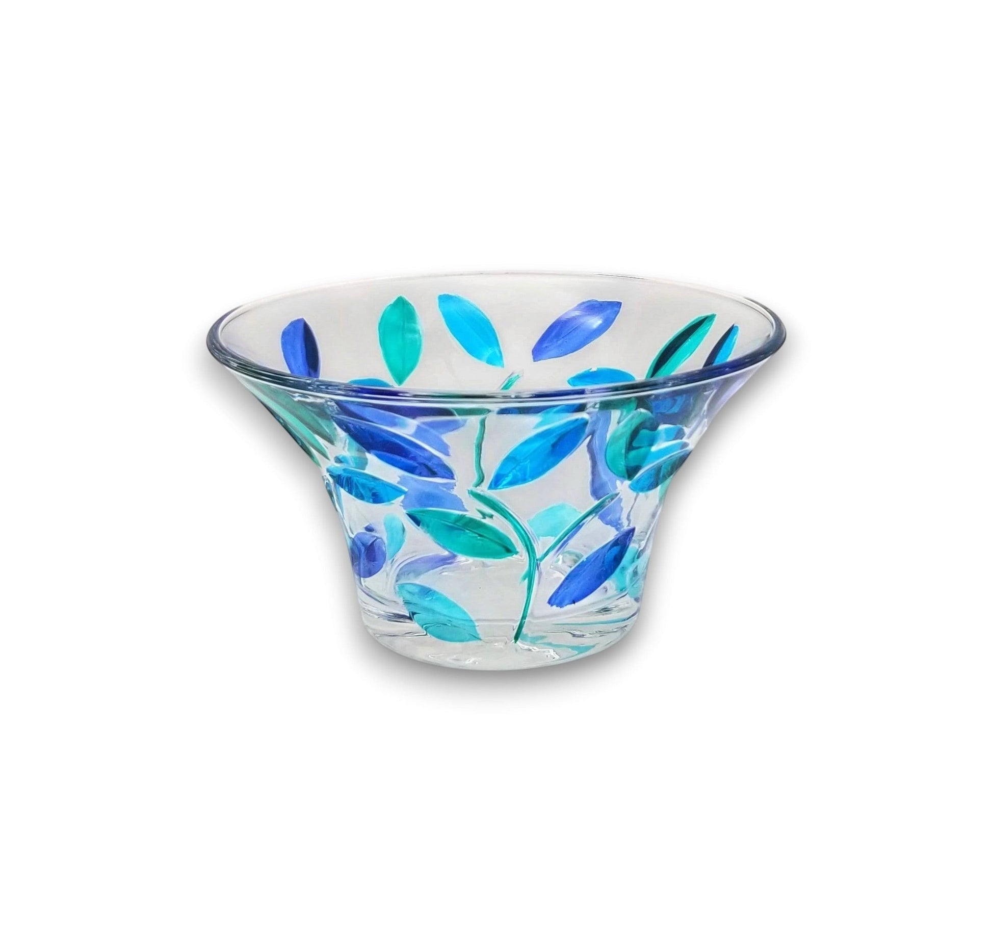 Mellow Monkey hand-painted Venetian glass bowl with aqua and blue Tree of Life design, 5-in diameter.