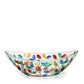 Mellow Monkey Tree of Life oval serving bowl, 13-inch, clear glass with multi-colored leaf design.