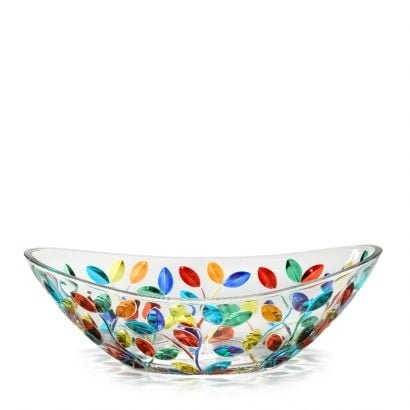 Mellow Monkey Tree of Life oval serving bowl, 13-inch, clear glass with multi-colored leaf design.