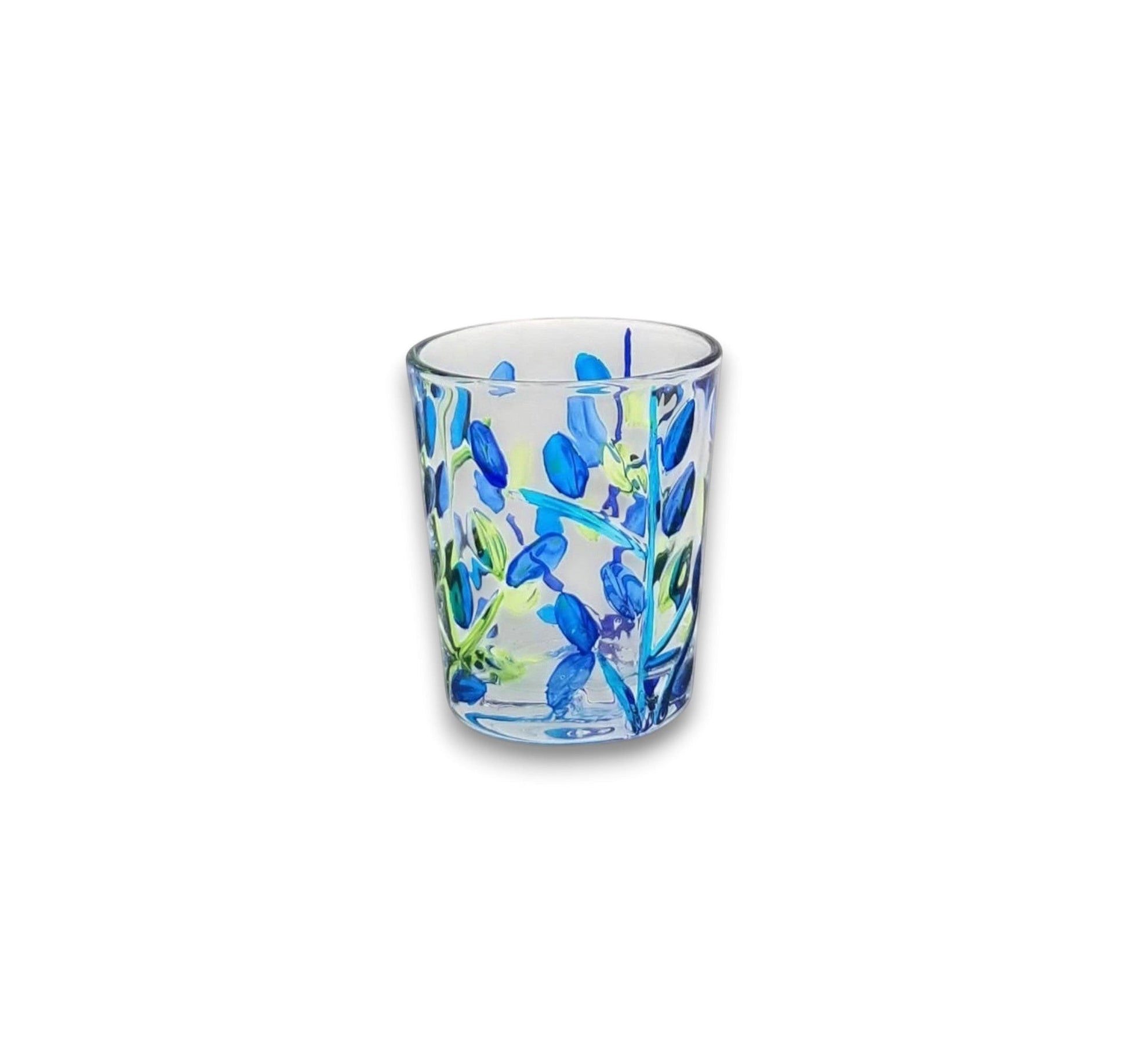 Mellow Monkey aqua Venetian glass shot glass with hand-painted blue and green tree of life design. 2.5-oz.