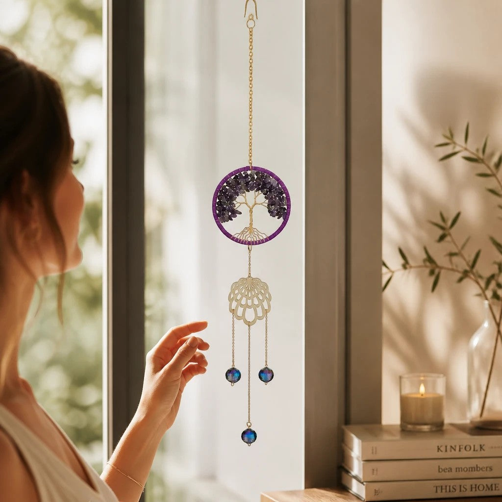 Mellow Monkey Tree of Life suncatcher with purple healing stones and gold chains hanging in a sunlit window.
