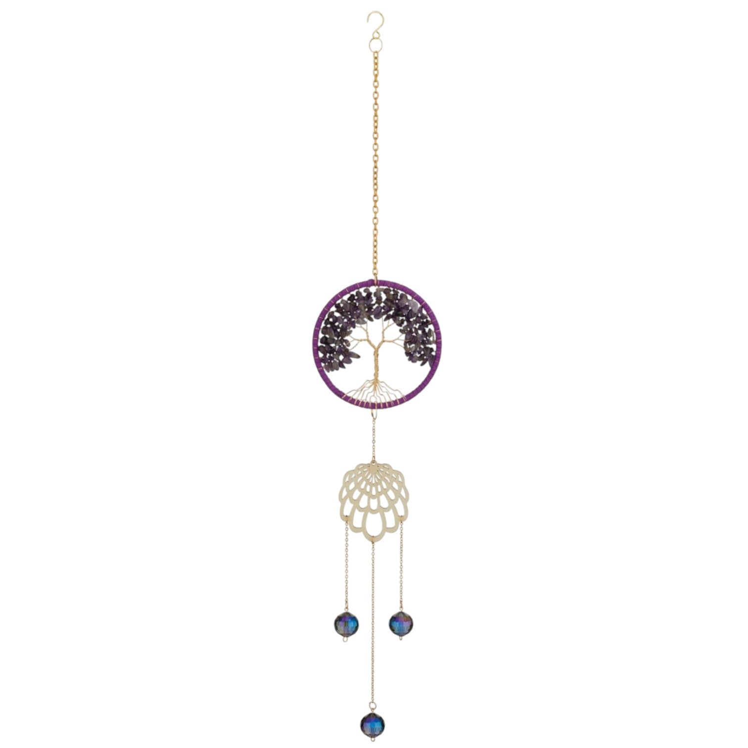 Mellow Monkey Tree of Life suncatcher with purple healing stones, gold chain, and hanging crystal accents.