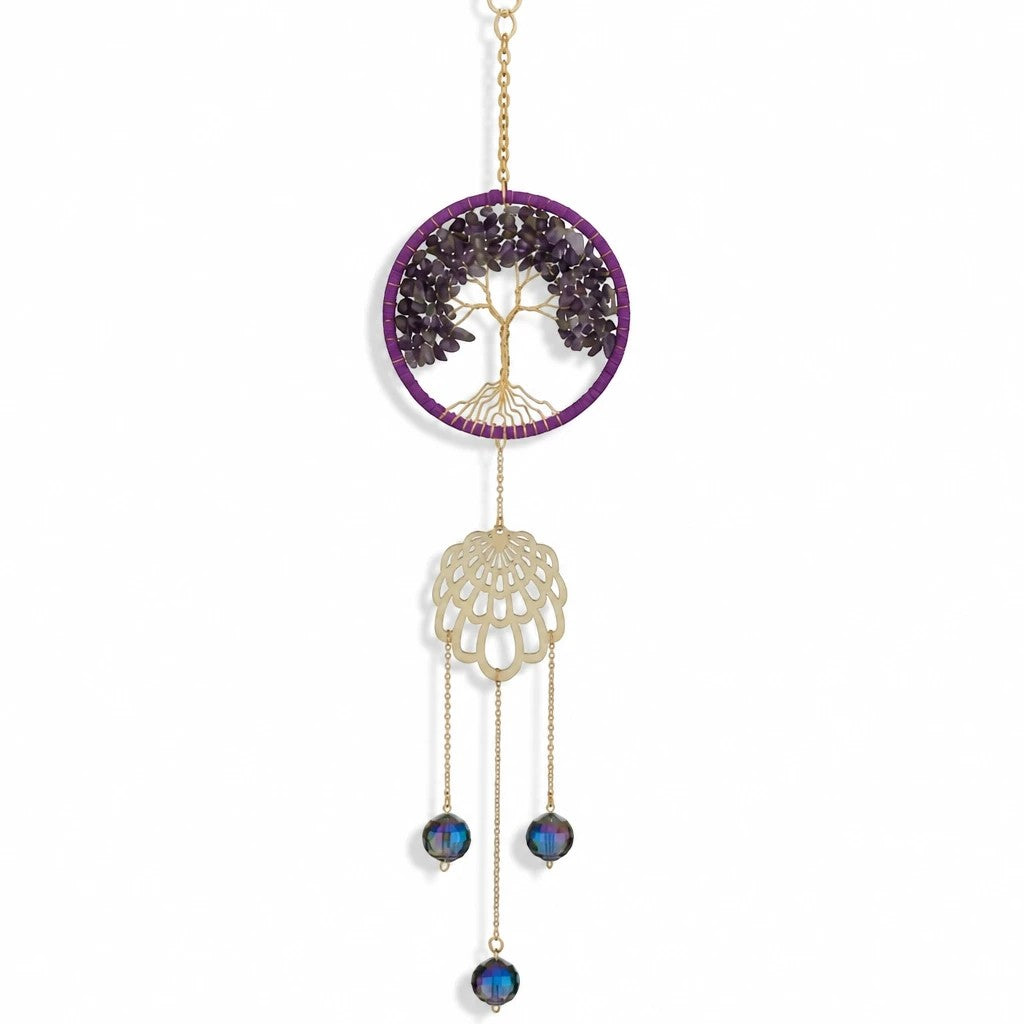 Mellow Monkey Tree of Life suncatcher with purple healing stones, gold metallic chains, and hanging crystal beads.