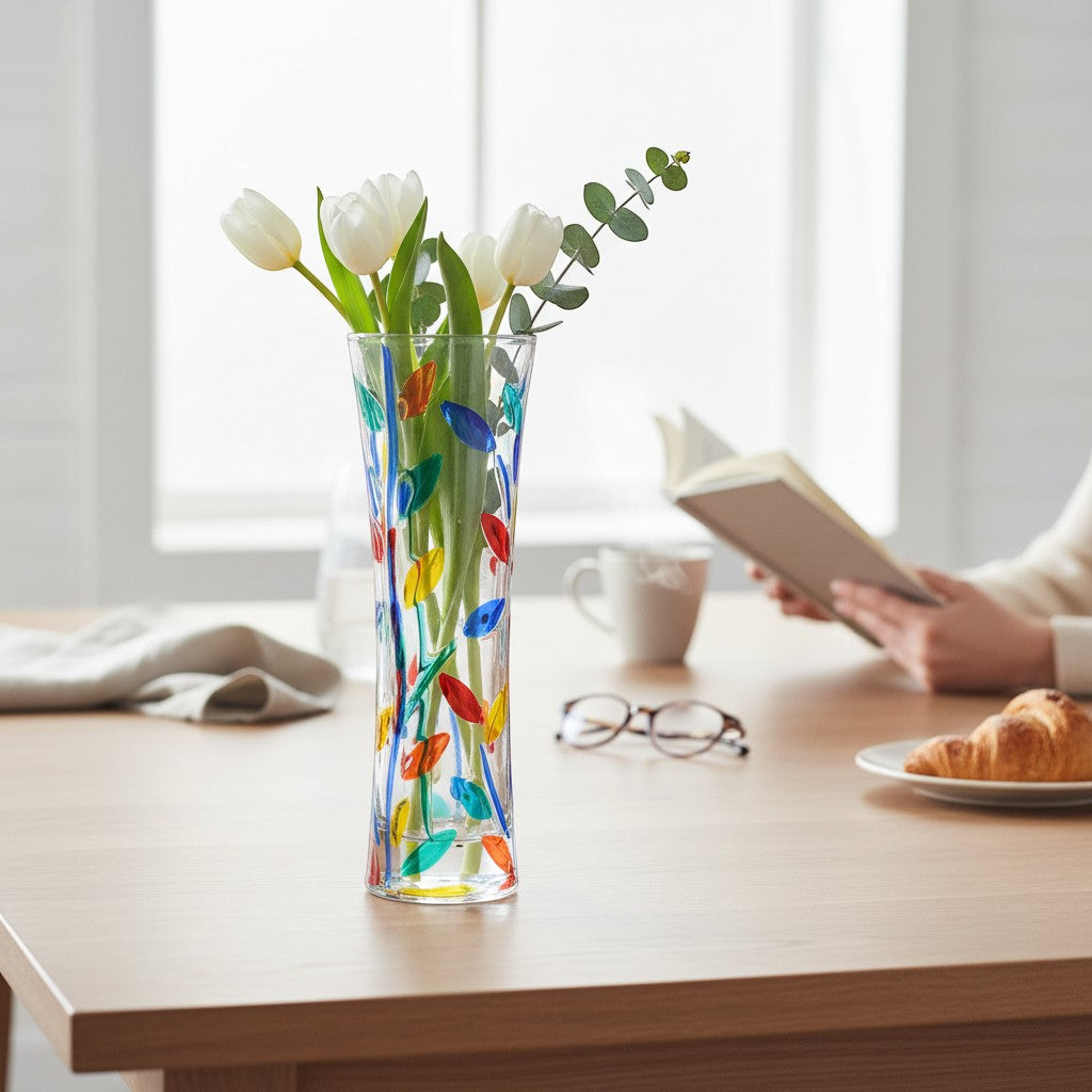 Mellow Monkey Tree of Life Venetian glass bud vase, 7-inch, hand-painted with multi-colored leaves and tulips.