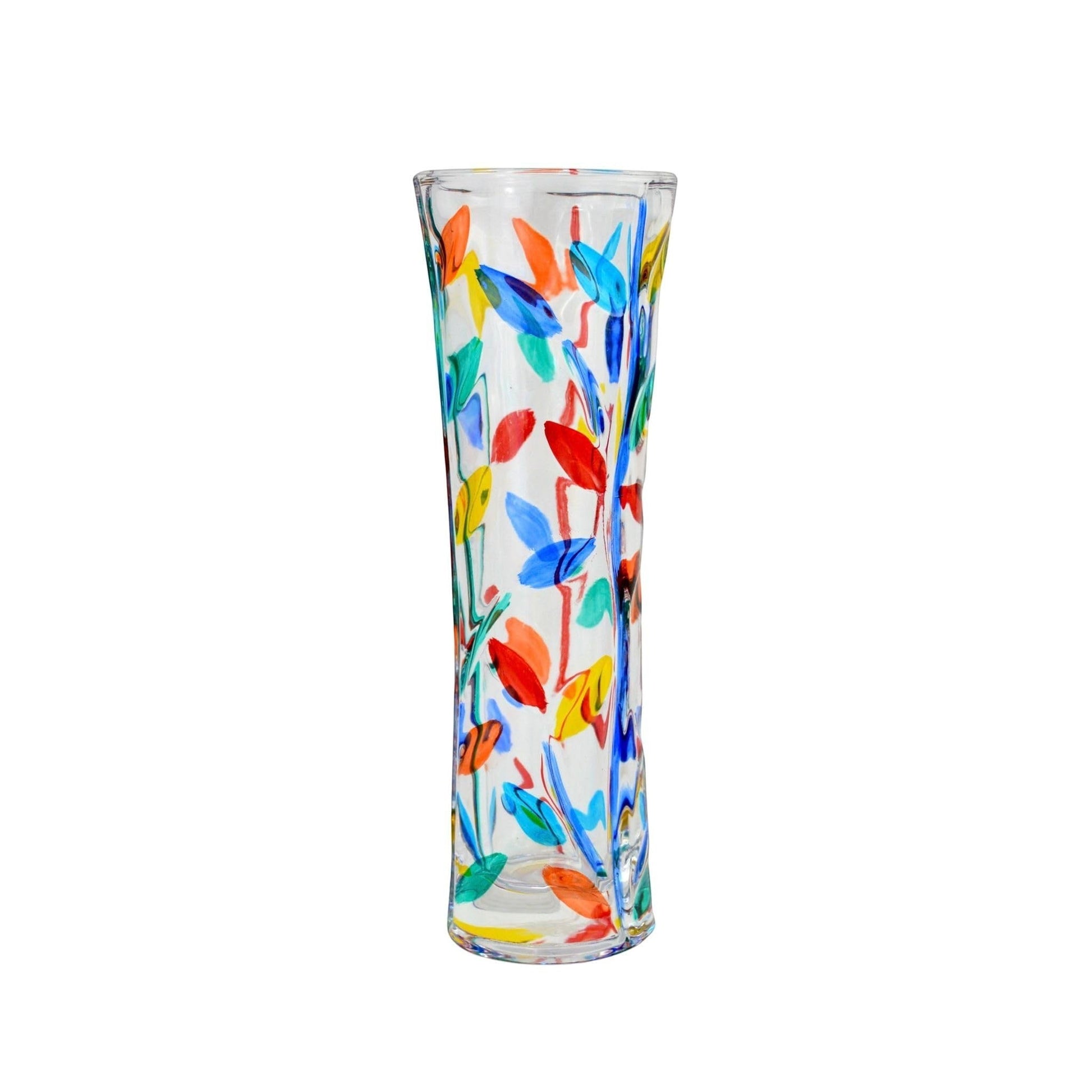 Mellow Monkey Tree of Life bud vase, 7-inch clear Venetian glass hand-painted with colorful leaves and stems. Made in Italy.