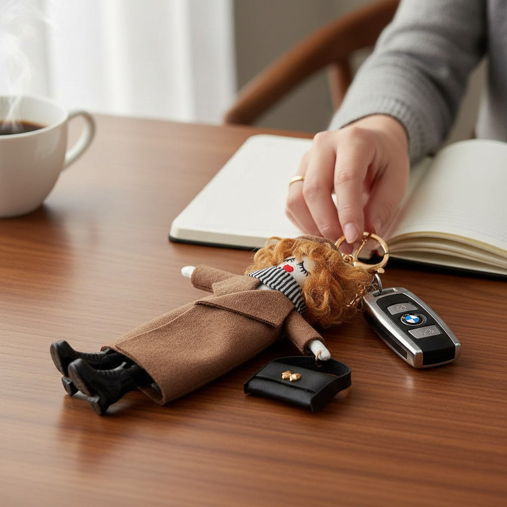 Mellow Monkey fashion doll keychain with trench coat, scarf, boots, and handbag. Camel color.