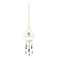 Mellow Monkey triangle suncatcher with crystals, amethyst stones, and a gold butterfly charm on a metallic chain.