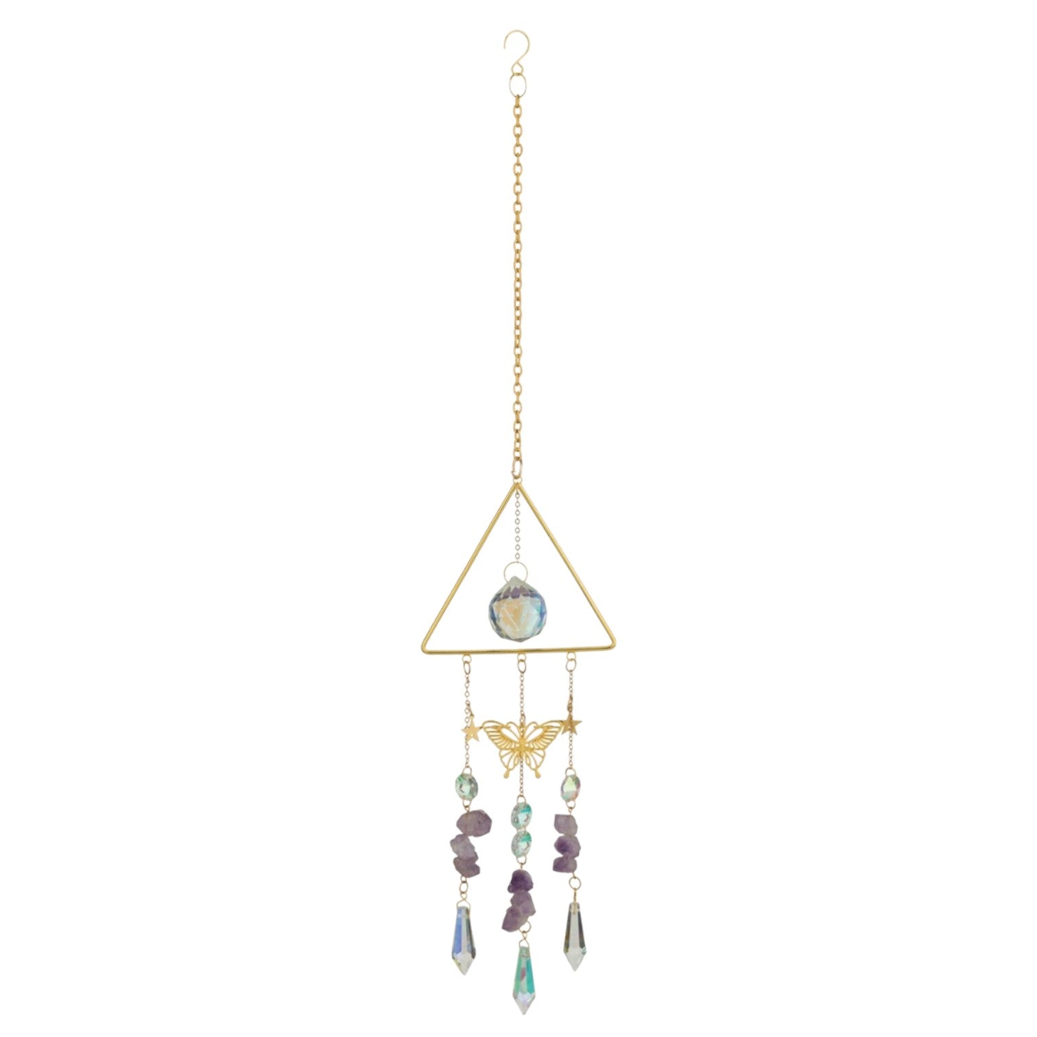 Mellow Monkey triangle suncatcher with crystals, amethyst stones, and a gold butterfly charm on a metallic chain.