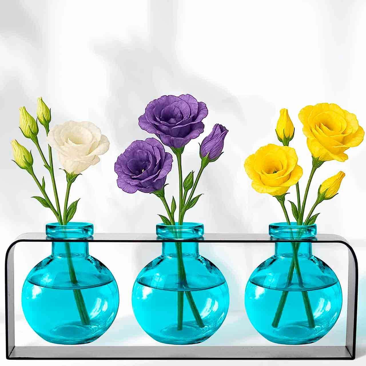 Mellow Monkey Trivo triple aqua recycled glass vases in a black metal stand holding white, purple, and yellow flowers.