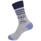 Mellow Monkey gray cotton blend crew socks featuring a navy blue Trophy Husband graphic and light blue accents.