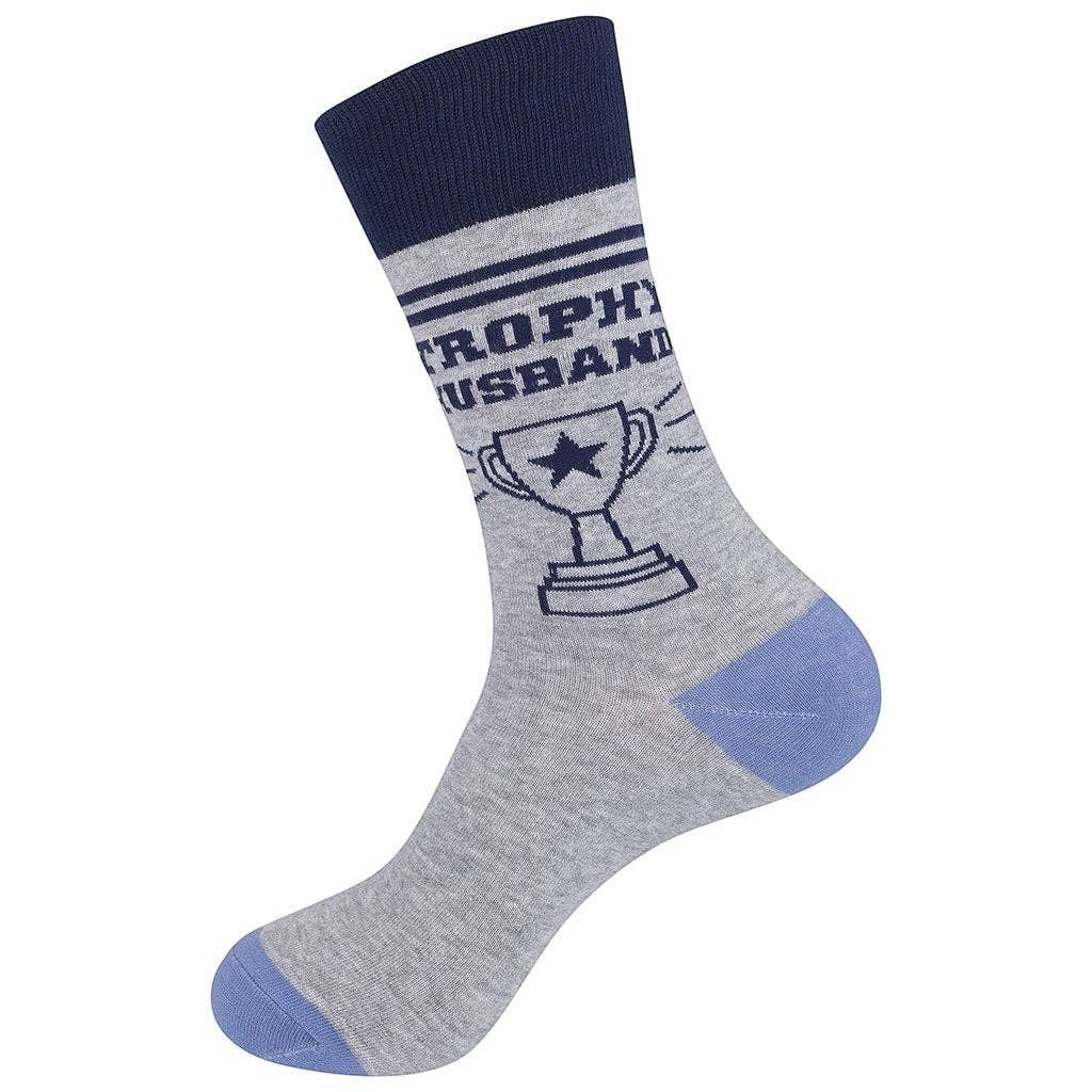 Mellow Monkey gray cotton blend crew socks featuring a navy blue Trophy Husband graphic and light blue accents.