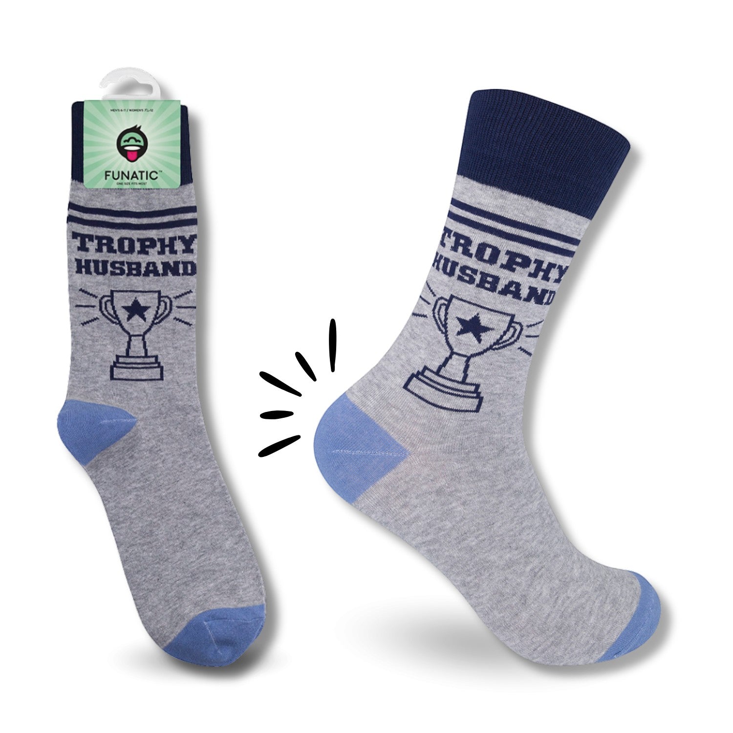 Mellow Monkey gray novelty socks featuring a navy blue Trophy Husband graphic and light blue heel and toe accents.