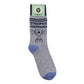 Mellow Monkey gray cotton blend novelty socks featuring a trophy graphic and Trophy Husband text in navy blue