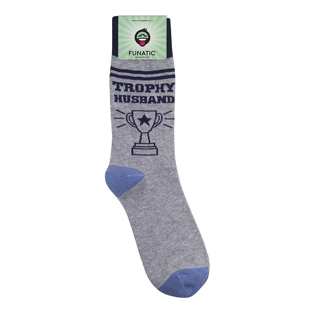 Mellow Monkey gray cotton blend novelty socks featuring a trophy graphic and Trophy Husband text in navy blue