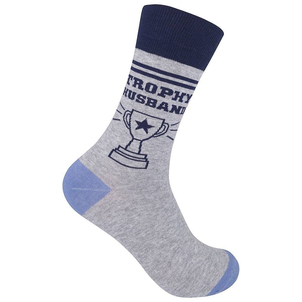 Mellow Monkey gray cotton blend novelty socks featuring a navy blue trophy icon and Trophy Husband text