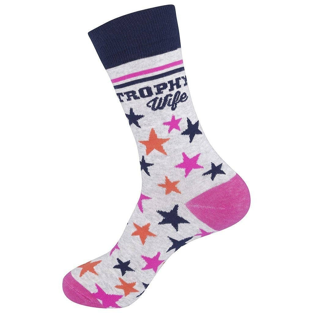 Mellow Monkey Trophy Wife crew socks in gray with navy cuff, pink heel and toe, and colorful star pattern