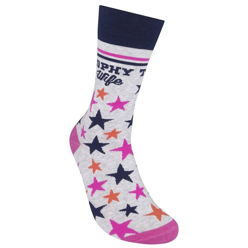 Mellow Monkey Trophy Wife crew socks in gray with navy cuff, pink heel, and scattered navy, pink, and peach stars.