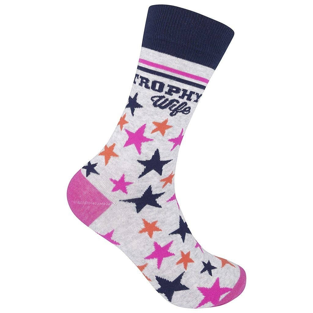 Mellow Monkey Trophy Wife crew socks in gray with navy cuff, pink heel, and scattered navy, pink, and peach stars.