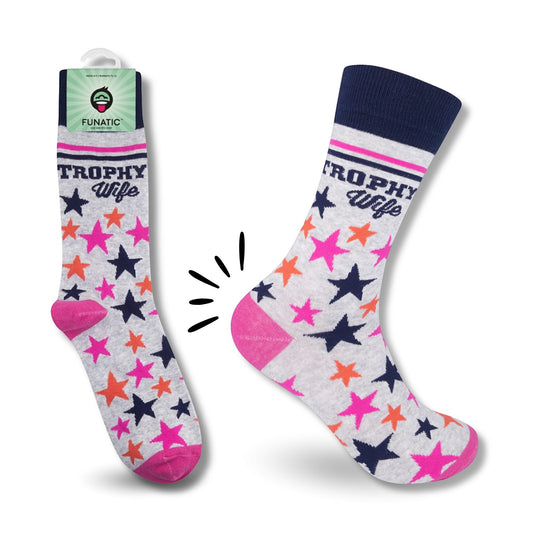 Mellow Monkey Trophy Wife crew socks in gray with navy cuffs, pink heels, and colorful star patterns.