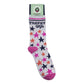 Mellow Monkey gray crew socks with Trophy Wife text, navy cuff, and pink and peach star patterns.