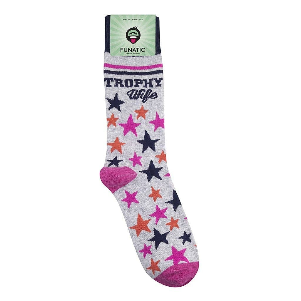 Mellow Monkey gray crew socks with Trophy Wife text, navy cuff, and pink and peach star patterns.