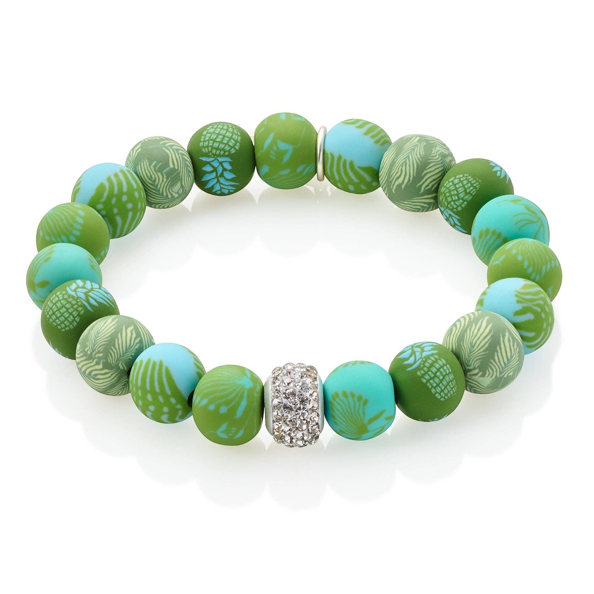 Mellow Monkey tropical green polymer clay stretch bracelet with a sparkling crystal center bead and matte silver accents
