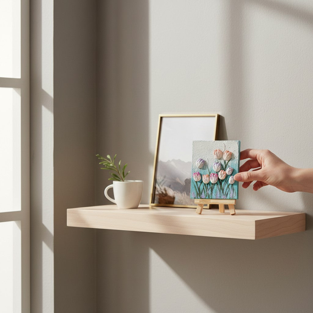 Mellow Monkey Tulip Dream 3D textured canvas painting kit displayed on a mini easel on a wooden shelf.